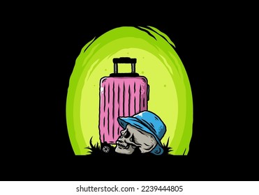 Illustration design of a skull head wearing a hat under a traveling suitcase