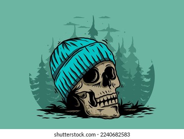 Illustration design of a Skull head wearing beanie