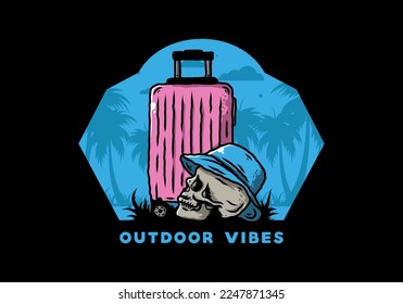 Illustration design of a skull head wearing a hat under a traveling suitcase