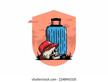 Illustration design of a skull head wearing a hat under a traveling suitcase