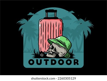 Illustration design of a skull head wearing a hat under a traveling suitcase