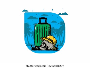 Illustration design of a skull head wearing a hat under a traveling suitcase