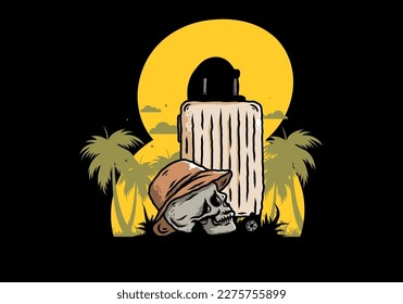 Illustration design of a skull head wearing a hat under a traveling suitcase