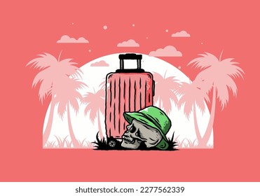 Illustration design of a skull head wearing a hat under a traveling suitcase