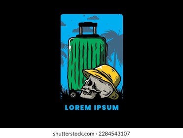 Illustration design of a skull head wearing a hat under a traveling suitcase