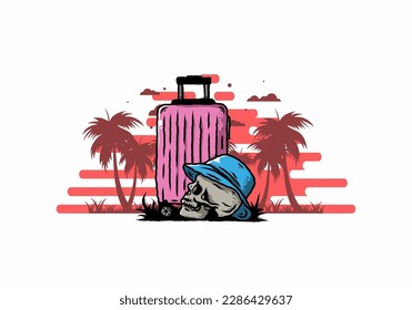 Illustration design of a skull head wearing a hat under a traveling suitcase