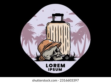 Illustration design of a skull head wearing a hat under a traveling suitcase