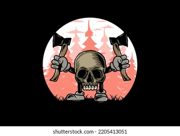 Illustration design of a Skull holding two ax