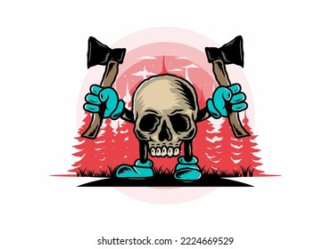 Illustration design of a Skull holding two ax