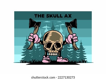 Illustration design of a Skull holding two ax