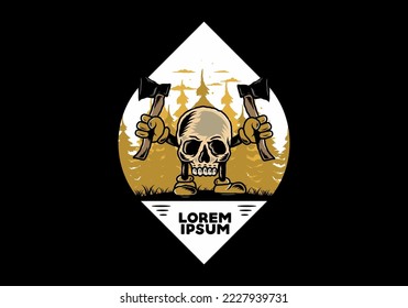 Illustration design of a Skull holding two ax