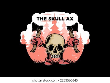 Illustration design of a Skull holding two ax