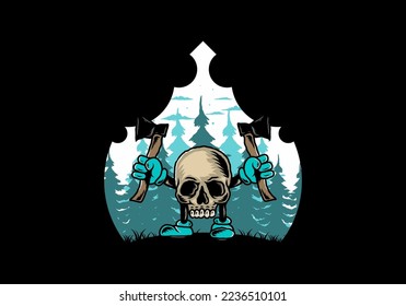 Illustration design of a Skull holding two ax
