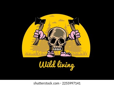 Illustration design of a Skull holding two ax