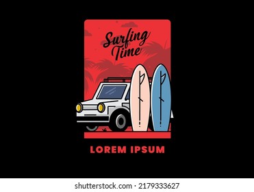 Illustration design of a small car and two surfboards
