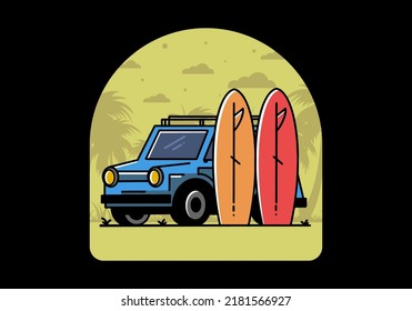 Illustration design of a small car and two surfboards