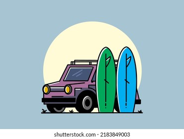 Illustration design of a small car and two surfboards