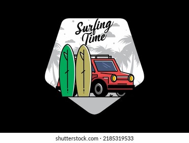 Illustration design of a small car and two surfboards