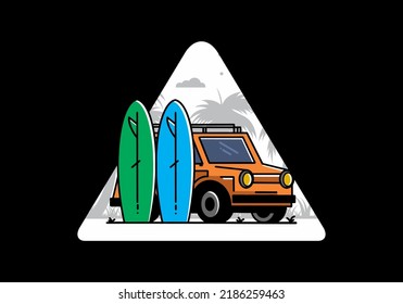 Illustration design of a small car and two surfboards