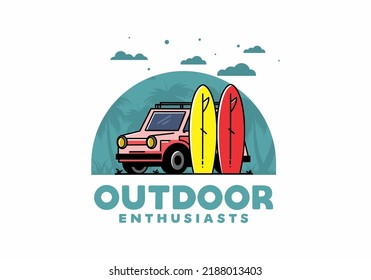 Illustration-Design eines kleinen Autos und zwei Surfbretter