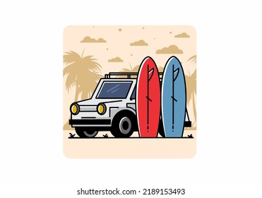 Illustration design of a small car and two surfboards