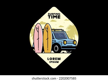 Ilustración de un coche pequeño y dos tablas de surf