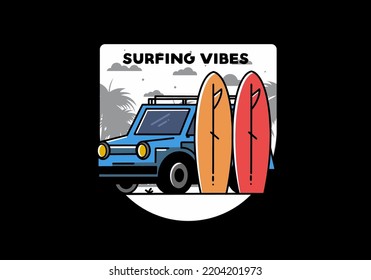 Illustration design of a small car and two surfboards