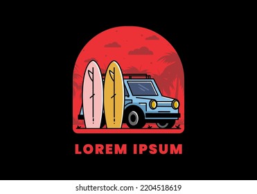 Ilustración de un coche pequeño y dos tablas de surf