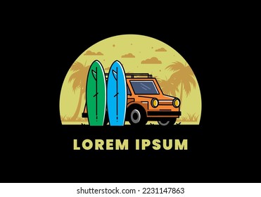 Illustration design of a small car and two surfboards