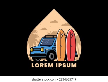 Ilustración de un coche pequeño y dos tablas de surf