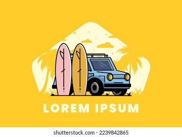 Illustration design of a small car and two surfboards