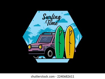 Illustration design of a small car and two surfboards