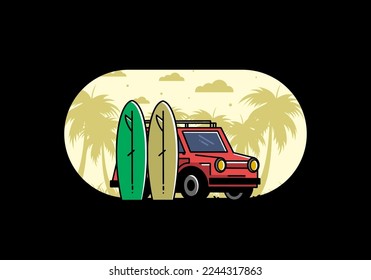 Illustration design of a small car and two surfboards