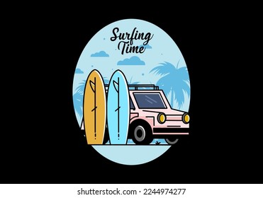 Illustration design of a small car and two surfboards