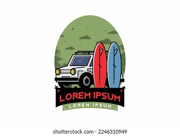 Illustration design of a small car and two surfboards