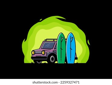 Illustration design of a small car and two surfboards