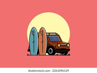 Illustration design of a small car and two surfboards