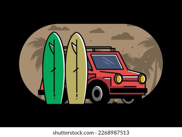Illustration design of a small car and two surfboards