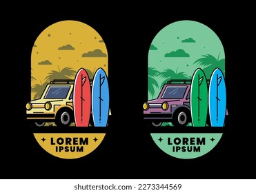 Ilustración de un coche pequeño y dos tablas de surf