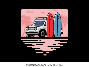 Illustration design of a small car and two surfboards