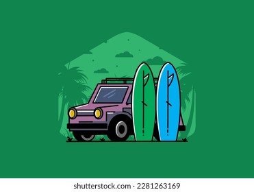 Illustration design of a small car and two surfboards