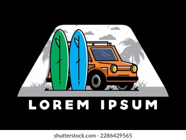 Illustration design of a small car and two surfboards