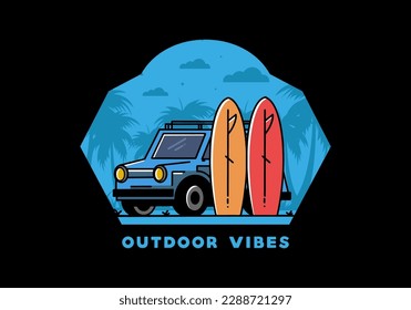 Ilustración de un coche pequeño y dos tablas de surf