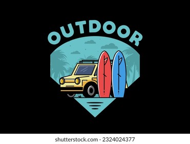 Illustration design of a small car and two surfboards