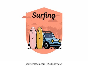 Illustration design of a small car and two surfboards