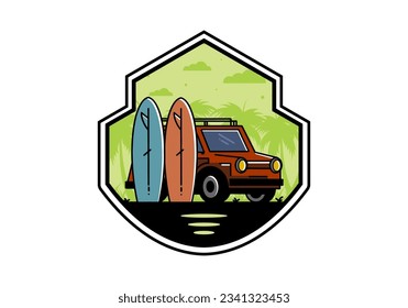 Illustration design of a small car and two surfboards