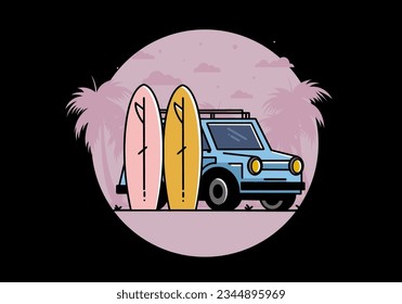 Illustration design of a small car and two surfboards