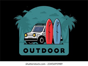Illustration design of a small car and two surfboards
