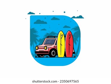 Ilustración de un coche pequeño y dos tablas de surf