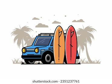 Illustration design of a small car and two surfboards